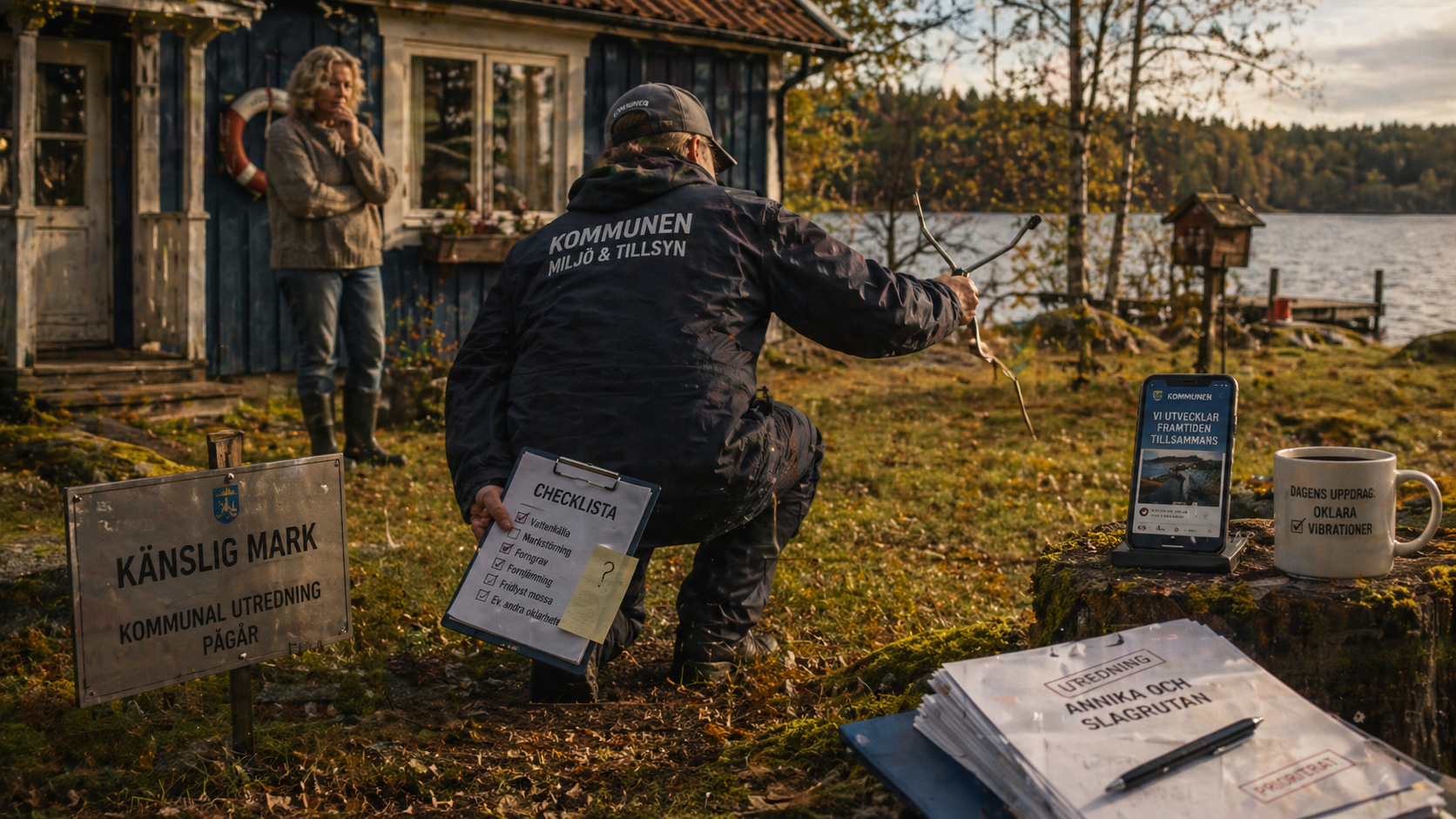 Satirisk miljöinspektion med slagruta på känslig mark vid stuga och sjö.