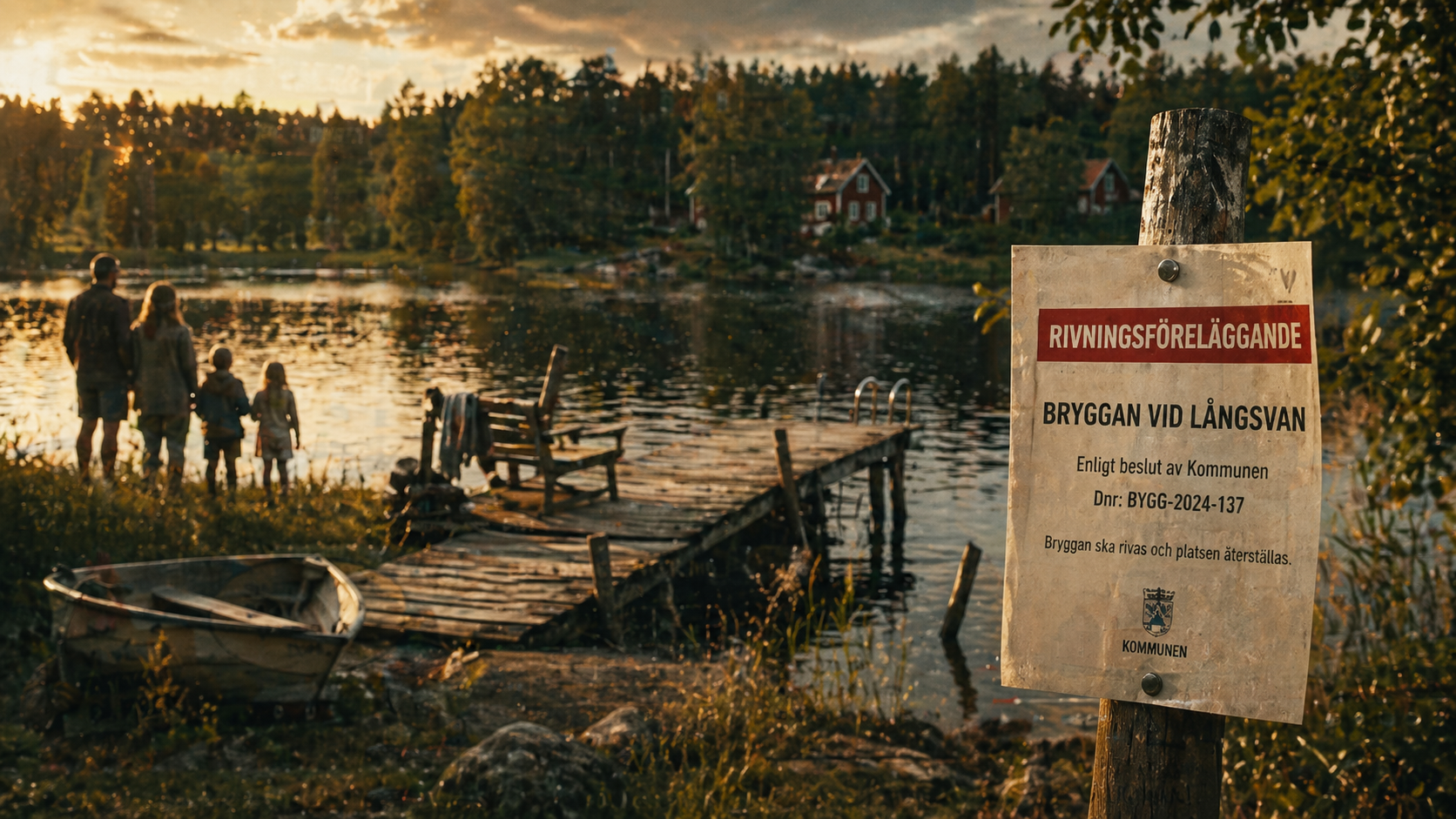 Brygga vid sjö med rivningsföreläggande i varm landsbygdsstil.