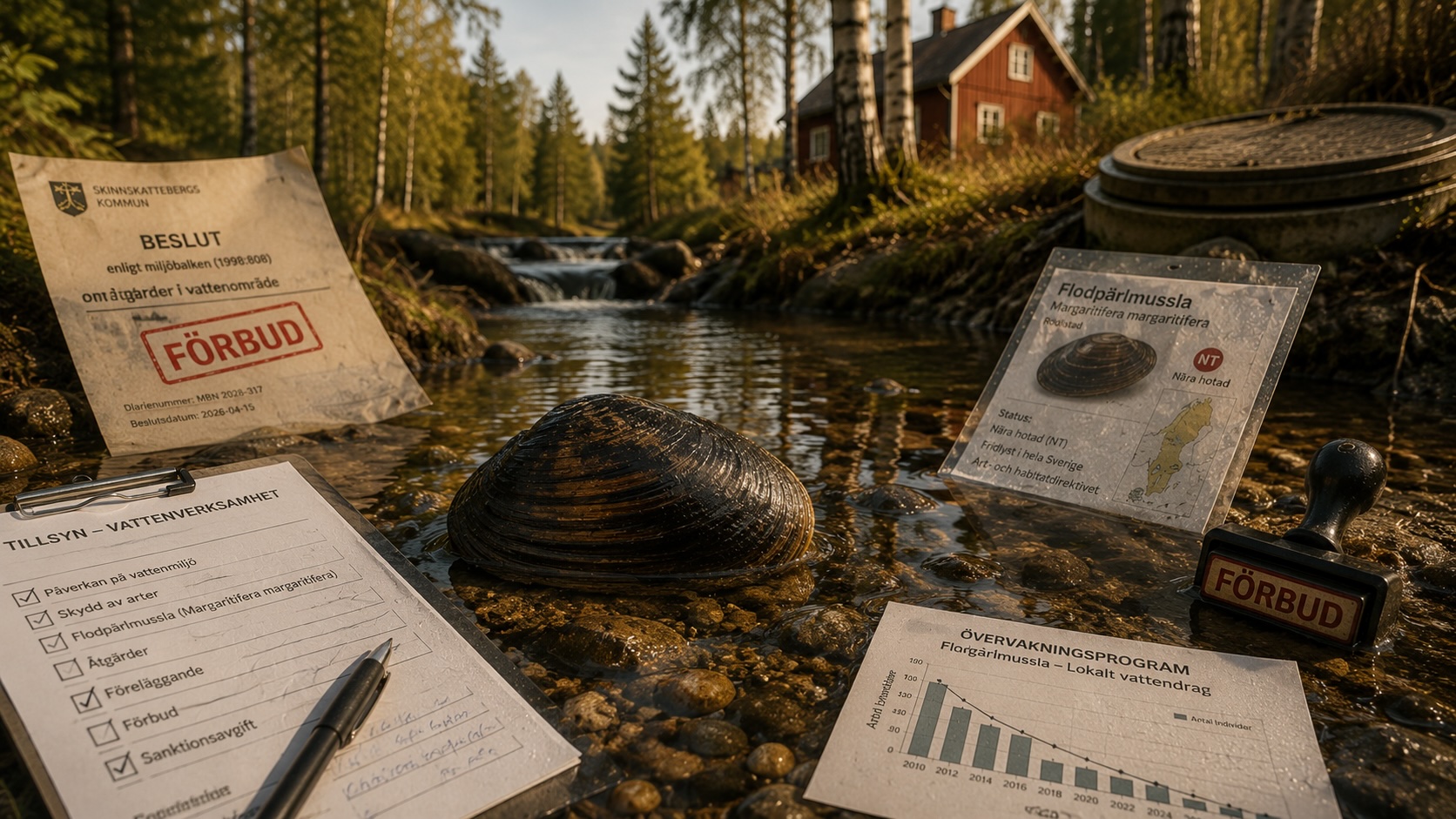 FlodpÀrlmussla i vattenström med kommunala dokument, grafer och beslutsstÀmplar runt omkring.