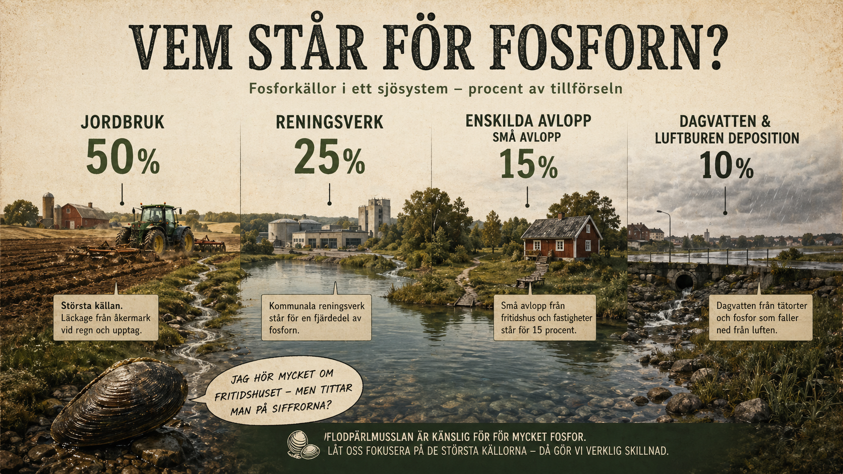 Infografik över fosforkällor: jordbruk, reningsverk, enskilda avlopp och dagvatten.