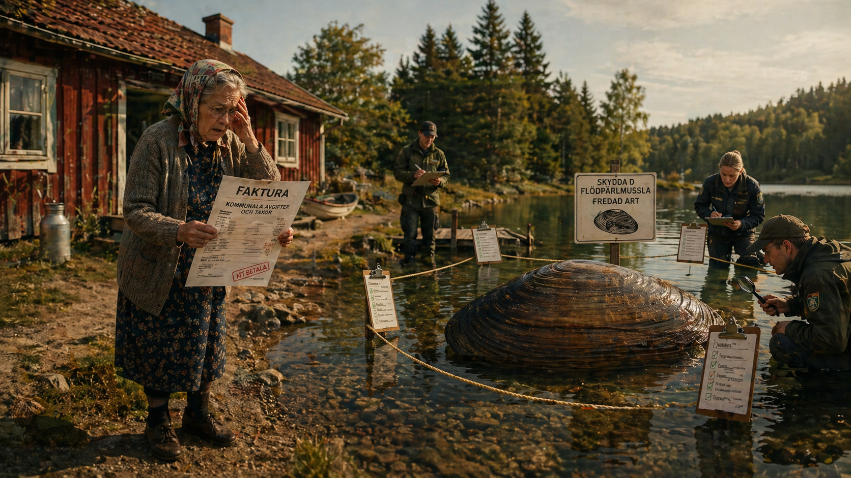 Fotorealistisk satirbild med mormor, faktura, flodpärlmussla och kommunal tillsyn vid sjö.