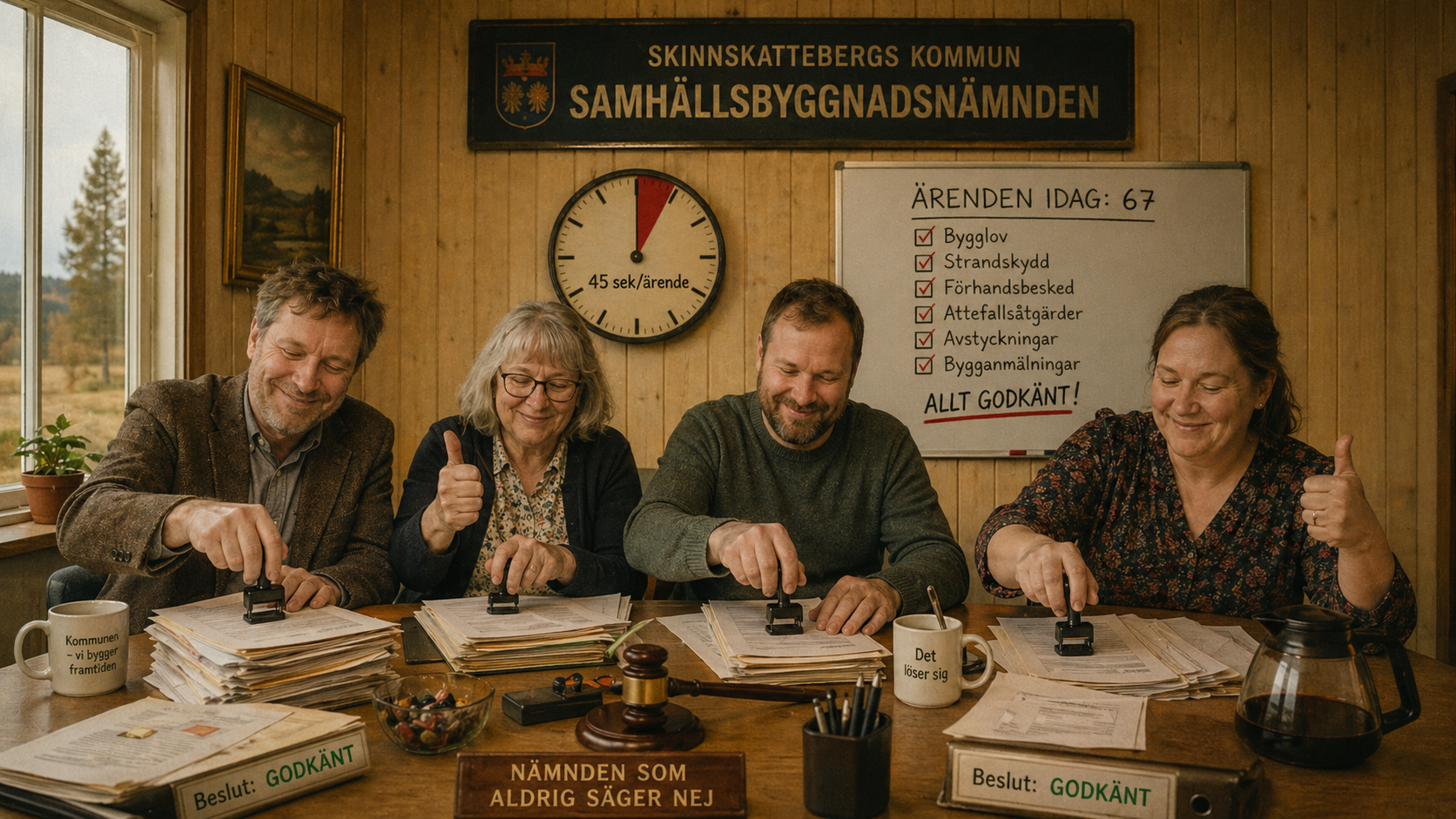 Kommunal nämnd som stämplar beslut, noll nej-röster och byråkratisk satir.