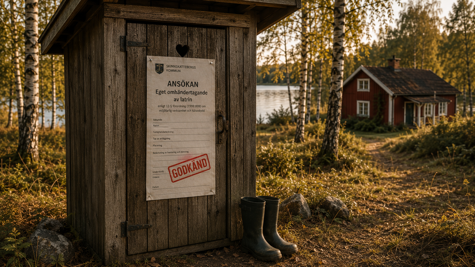 Traditionellt svenskt utedass i björkskog med kommunal ansökan på dörren, röd stuga och sjö i bakgrunden.